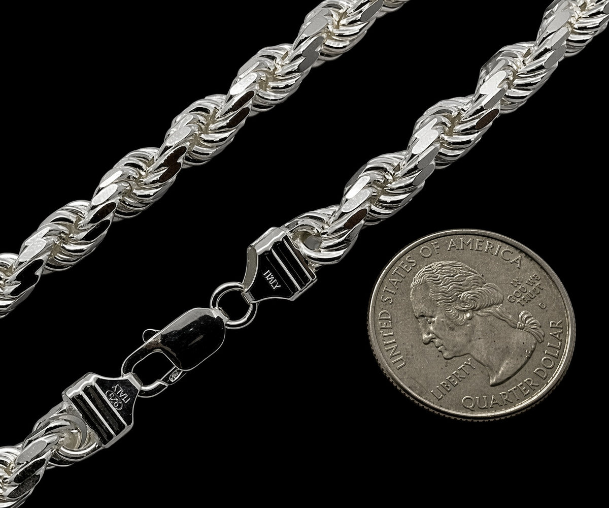 Solid Sterling Silver Diamond Cut Flex Rope Chain 7mm