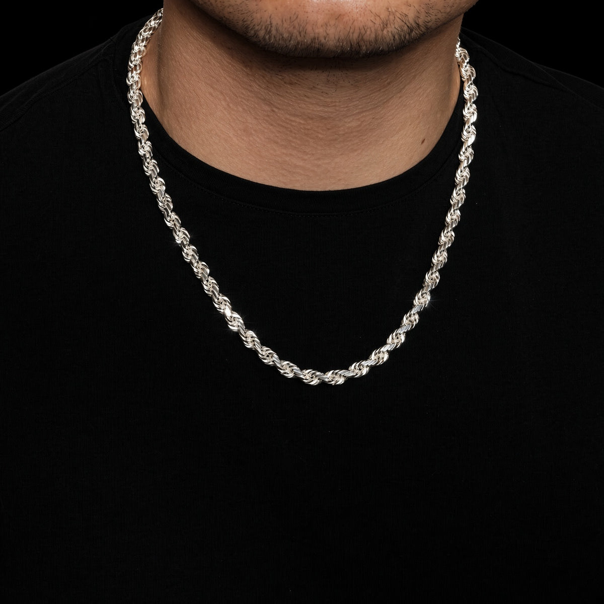 Solid Sterling Silver Diamond Cut Flex Rope Chain 7mm